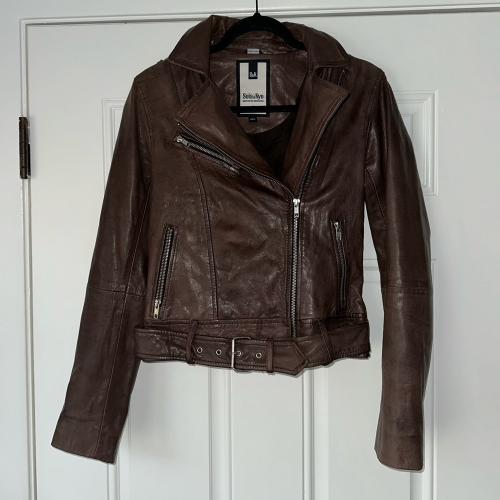 Soia & Kyo real Leather Moto Jacket Brown biker size xs belted